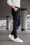 Erkek Lacivert Slim Fit Çizgili Likralı Yan Cep Bilek Boy Kumaş Pantolon