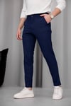Erkek Lacivert Slim Fit Dar Kesim Likralı Yan Cep Bilek Boy Düz Kumaş Pantolon