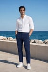 Erkek Lacivert Slim Fit Dar Kesim Likralı Yan Cep Bilek Boy Düz Kumaş Pantolon