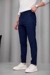 Erkek Lacivert Slim Fit Dar Kesim Likralı Yan Cep Bilek Boy Düz Kumaş Pantolon