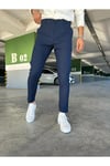 Erkek Lacivert Slim Fit Dar Kesim Likralı Yan Cep Bilek Boy Düz Kumaş Pantolon