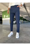 Erkek Lacivert Slim Fit Dar Kesim Likralı Yan Cep Bilek Boy Düz Kumaş Pantolon