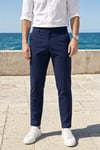 Erkek Lacivert Slim Fit Dar Kesim Likralı Yan Cep Bilek Boy Düz Kumaş Pantolon