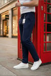 Erkek Lacivert Slim Fit Dar Kesim Likralı Yan Cep Bilek Boy Düz Kumaş Pantolon