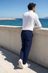 Erkek Lacivert Slim Fit Dar Kesim Likralı Yan Cep Bilek Boy Düz Kumaş Pantolon