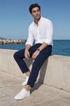Erkek Lacivert Slim Fit Dar Kesim Likralı Yan Cep Bilek Boy Düz Kumaş Pantolon