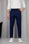 Erkek Lacivert Slim Fit Dar Kesim Likralı Yan Cep Bilek Boy Düz Kumaş Pantolon