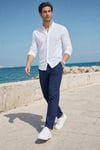 Erkek Lacivert Slim Fit Dar Kesim Likralı Yan Cep Bilek Boy Düz Kumaş Pantolon