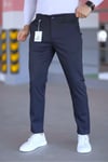 Erkek Lacivert Slim Fit Likralı Armür Desenli Casual Pantolon