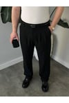 Erkek Siyah Baggy Fit Rahat Kesim Pileli Kumaş Pantolon