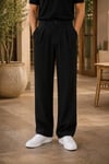 Erkek Siyah Baggy Fit Rahat Kesim Pileli Kumaş Pantolon