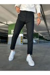 Erkek Siyah Slim Fit Dar Kesim Likralı Yan Cep Bilek Boy Düz Kumaş Pantolon