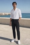 Erkek Siyah Slim Fit Dar Kesim Likralı Yan Cep Bilek Boy Düz Kumaş Pantolon