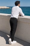 Erkek Siyah Slim Fit Dar Kesim Likralı Yan Cep Bilek Boy Düz Kumaş Pantolon