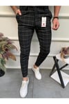 Erkek Siyah Slim Fit Ekoseli Likralı Yan Cep Bilek Boy Kumaş Pantolon