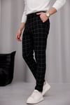Erkek Siyah Slim Fit Ekoseli Likralı Yan Cep Bilek Boy Kumaş Pantolon