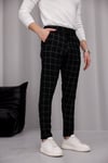 Erkek Siyah Slim Fit Ekoseli Likralı Yan Cep Bilek Boy Kumaş Pantolon