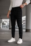 Erkek Siyah Slim Fit Ekoseli Likralı Yan Cep Bilek Boy Kumaş Pantolon