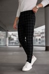 Erkek Siyah Slim Fit Ekoseli Likralı Yan Cep Bilek Boy Kumaş Pantolon