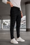 Erkek Siyah Slim Fit Ekoseli Likralı Yan Cep Bilek Boy Kumaş Pantolon