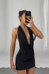 Degaje Yaka Mini Siyah Elbise (Bralet Dahil)