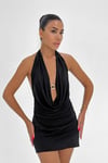Degaje Yaka Mini Siyah Elbise (Bralet Dahil)
