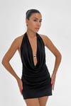 Degaje Yaka Mini Siyah Elbise (Bralet Dahil)