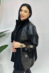 Deri Nakışlı Kürklü Büyük Beden Kaşe  Ceket - Siyah