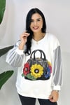 Kol Detaylı Baskılı Büyük Beden Sweatshirt - Beyaz