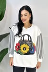 Kol Detaylı Baskılı Büyük Beden Sweatshirt - Beyaz