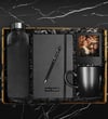 Özel Kılıflı Cam Şişe Matara & Kişiye Özel Defter & Metal Touch Pen Kalem & Fotoğraf Çerçevesi & Siyah Kupa Hediye Seti