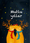 Şeyler Bulucu Tebrik Kartı, Kartpostal İki Geyik Mutlu Yıllar Siyah_SBKART004