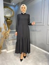 1708 ÖZEL KOLEKSİYON DÜĞME DETAYLI BENEK DESENLİ ELBİSE 