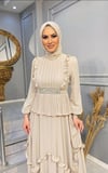 NEVON 4881 BELİ TAŞ İŞLEMELİ FIRFIR DETAYLI ŞİFON ELBİSE