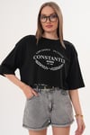 Kadın Baskı Detaylı Bisiklet Yaka Kısa Oversize Tişört - 260131