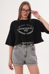 Kadın Baskı Detaylı Bisiklet Yaka Kısa Oversize Tişört - 260131