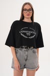 Kadın Baskı Detaylı Bisiklet Yaka Kısa Oversize Tişört - 260131