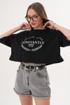 Kadın Baskı Detaylı Bisiklet Yaka Kısa Oversize Tişört - 260131