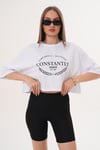 Kadın Baskı Detaylı Bisiklet Yaka Kısa Oversize Tişört - 260131