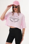 Kadın Baskı Detaylı Bisiklet Yaka Kısa Oversize Tişört - 260131