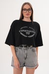 Kadın Baskı Detaylı Bisiklet Yaka Kısa Oversize Tişört - 260131
