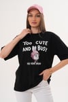 Kadın Baskı Detaylı Bisiklet Yaka Oversize Tişört - 260060