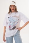 Kadın Baskı Detaylı Bisiklet Yaka Oversize Tişört - 260070
