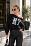 Kadın Baskılı Taş Detaylı Kayık Yaka Sweatshirt 265141 -