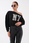 Kadın Baskılı Taş Detaylı Kayık Yaka Sweatshirt 265141 -