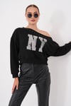 Kadın Baskılı Taş Detaylı Kayık Yaka Sweatshirt 265141 -