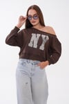 Kadın Baskılı Taş Detaylı Kayık Yaka Sweatshirt 265141 -