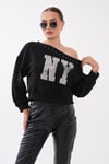 Kadın Baskılı Taş Detaylı Kayık Yaka Sweatshirt 265141 -