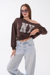 Kadın Baskılı Taş Detaylı Kayık Yaka Sweatshirt 265141 -