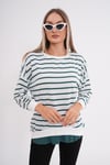 Kadın Çizgi Desenli Çift Görünüm Detaylı Bisiklet Yaka İki İplik Sweatshirt 245243 -